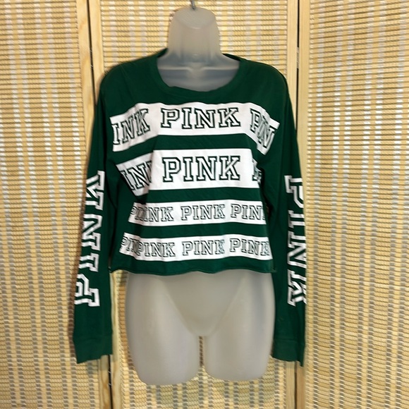 PINK Victoria's Secret Tops - PINK Victoria's Secret Cropped Green White Long Sleeved Tee Shirt Medium